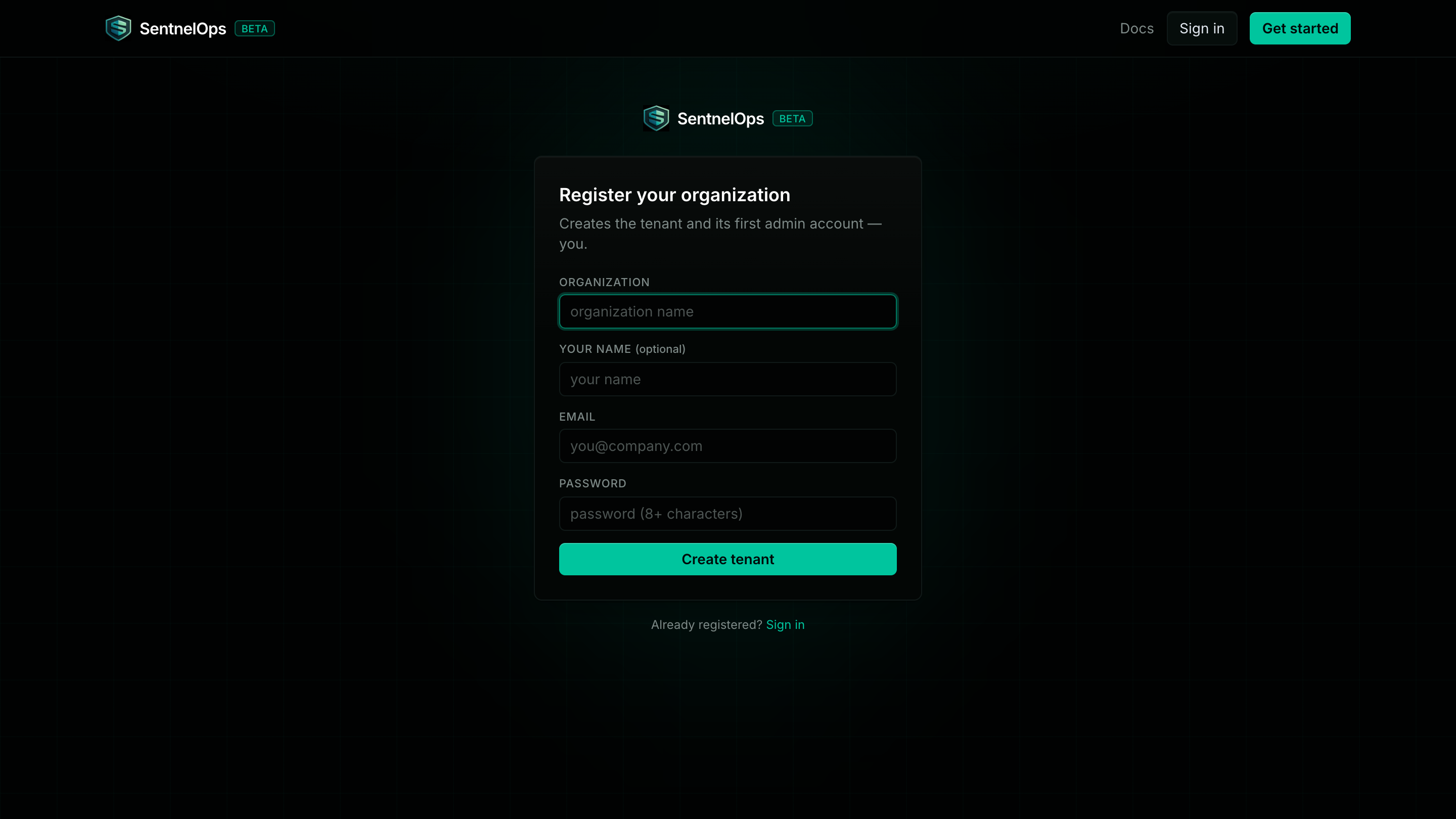 The SentnelOps registration form with fields for organization name, your name, email, and password, and a Create tenant button