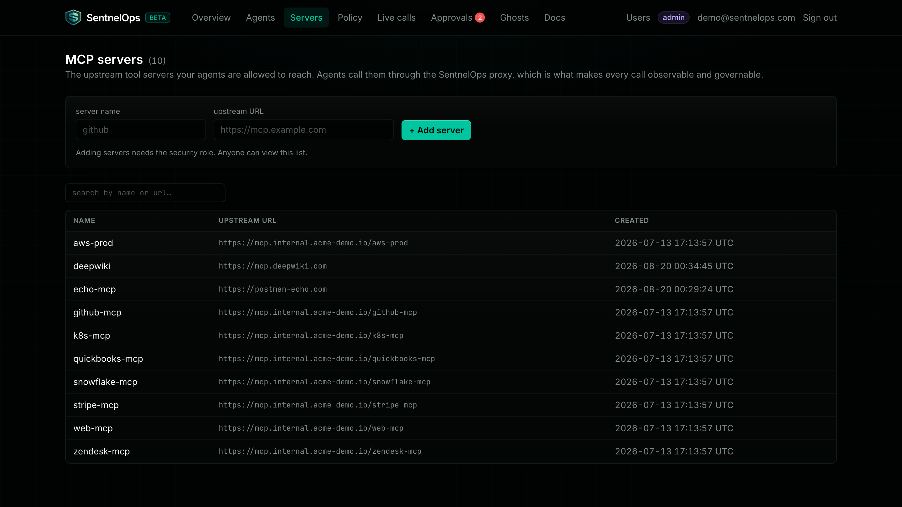 The MCP servers page: an add-server form with server name and upstream URL fields at the top, and a table of registered servers with their names, upstream URLs, and creation dates below
