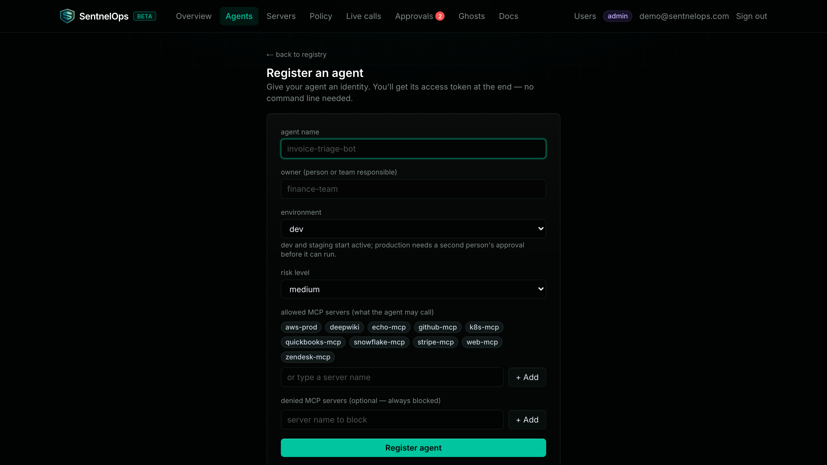 The Register an agent form with fields for agent name, owner, environment, risk level, and allowed MCP server chips