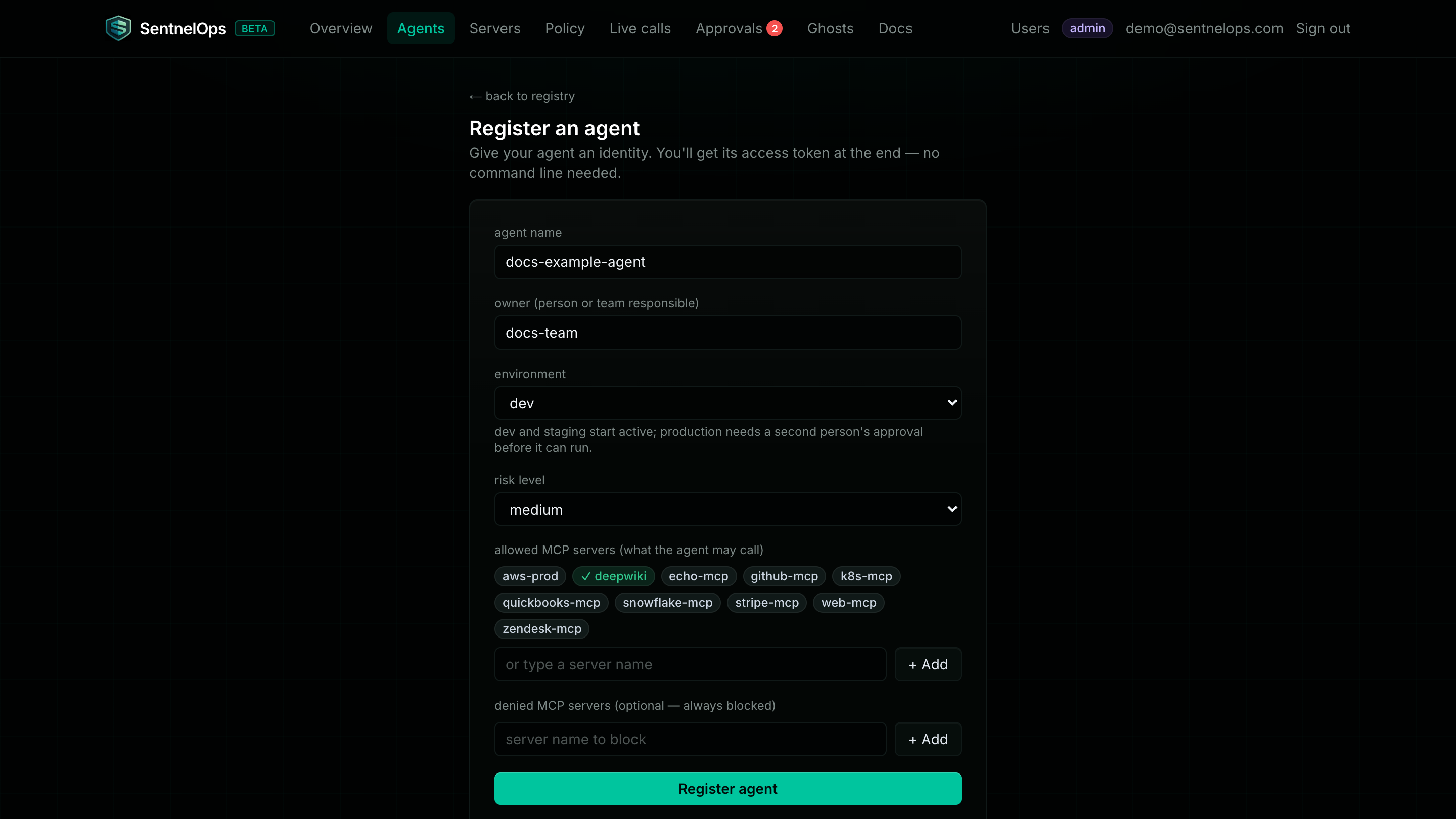 The Register an agent form filled in: agent name docs-example-agent, owner docs-team, environment dev, and the deepwiki server chip selected with a checkmark under allowed MCP servers