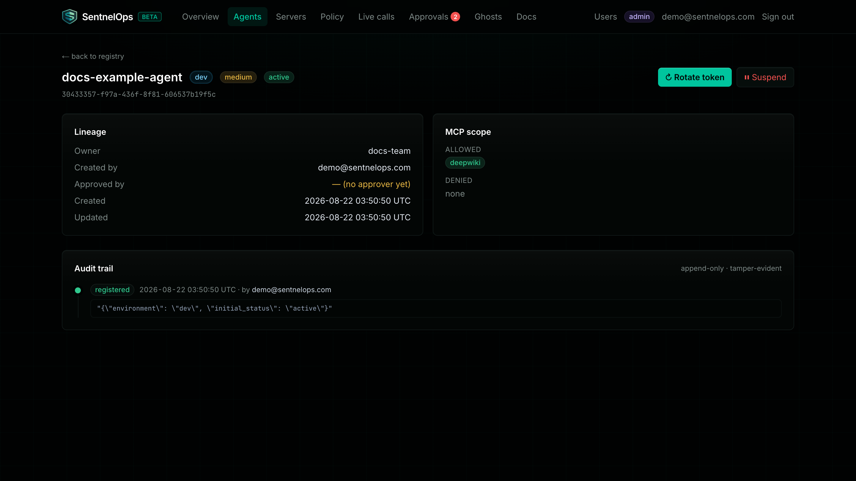 An agent detail page showing its approval chain, Rotate token and Suspend buttons, and the full audit trail of lifecycle events