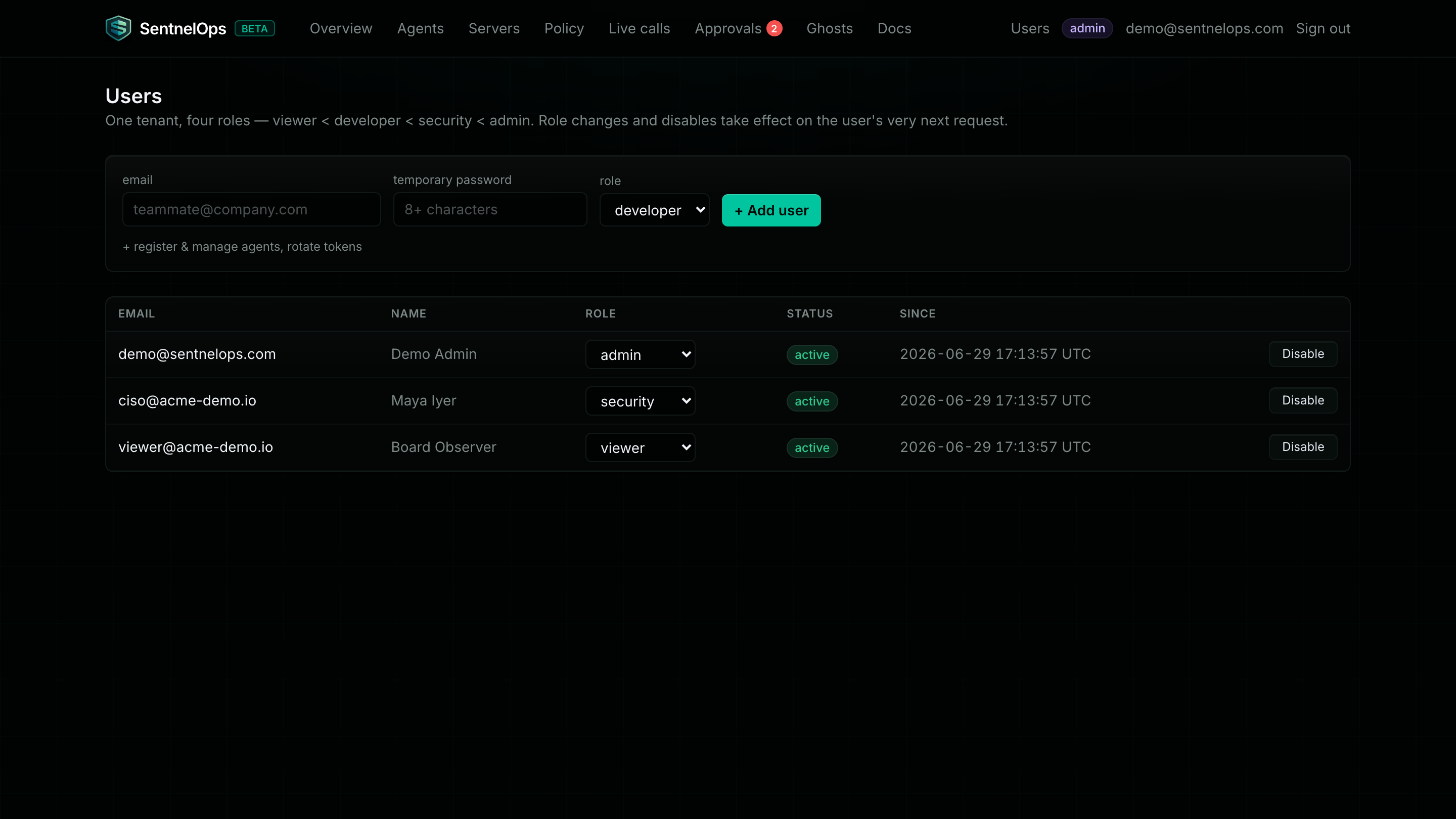 The users and roles admin page listing team members with their roles and controls for changing them